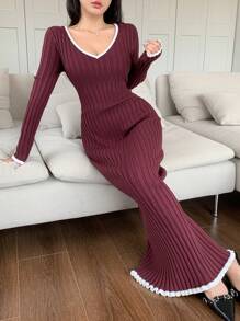 Modelyn Women's V-Neck Color Block Trim Long Sleeve Knit Sweater Dress - Red Violet - View 4