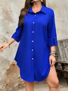 大码女式纯色卷袖休闲衬衫裙，春/秋 - 寶藍色 - 查看 1