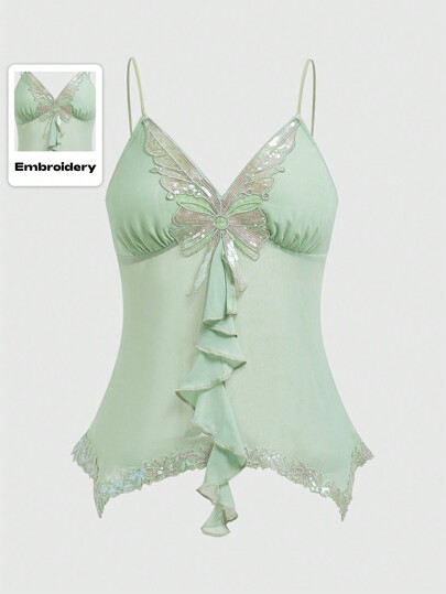 Fairycore Women's Sequin Decoration Frill Trimmed Cami Top