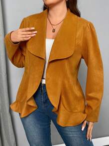 SHEIN Privé Plus Size Faux Suede Lapel Curved Hem Long Sleeve Jacket, Autumn Winter - Khaki - View 3