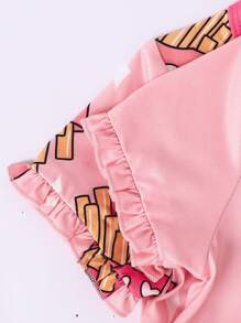 2pcs Baby Girls' French Fries Printed Dress With Ruffle Hem And Matching Home Wear Set - Multicolor - View 3