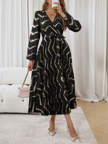 Chiquease Women's Spring & Summer V-Neck Lantern Sleeve Elegant Overlap Striped Foil Dress - Black - View 4