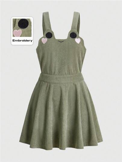 Kawaii Women's Green Wide Strap Frog Print Dress, School