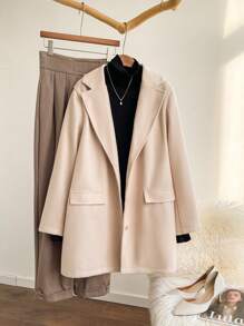 SHEIN Privé Plus Size Women's Apricot Notched Collar Minimalist Business Blazer - Apricot - View 1