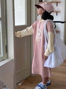 DAZY Tween Girl Hooded Straight Letter Print Knitted Dress,Back To School Clothes