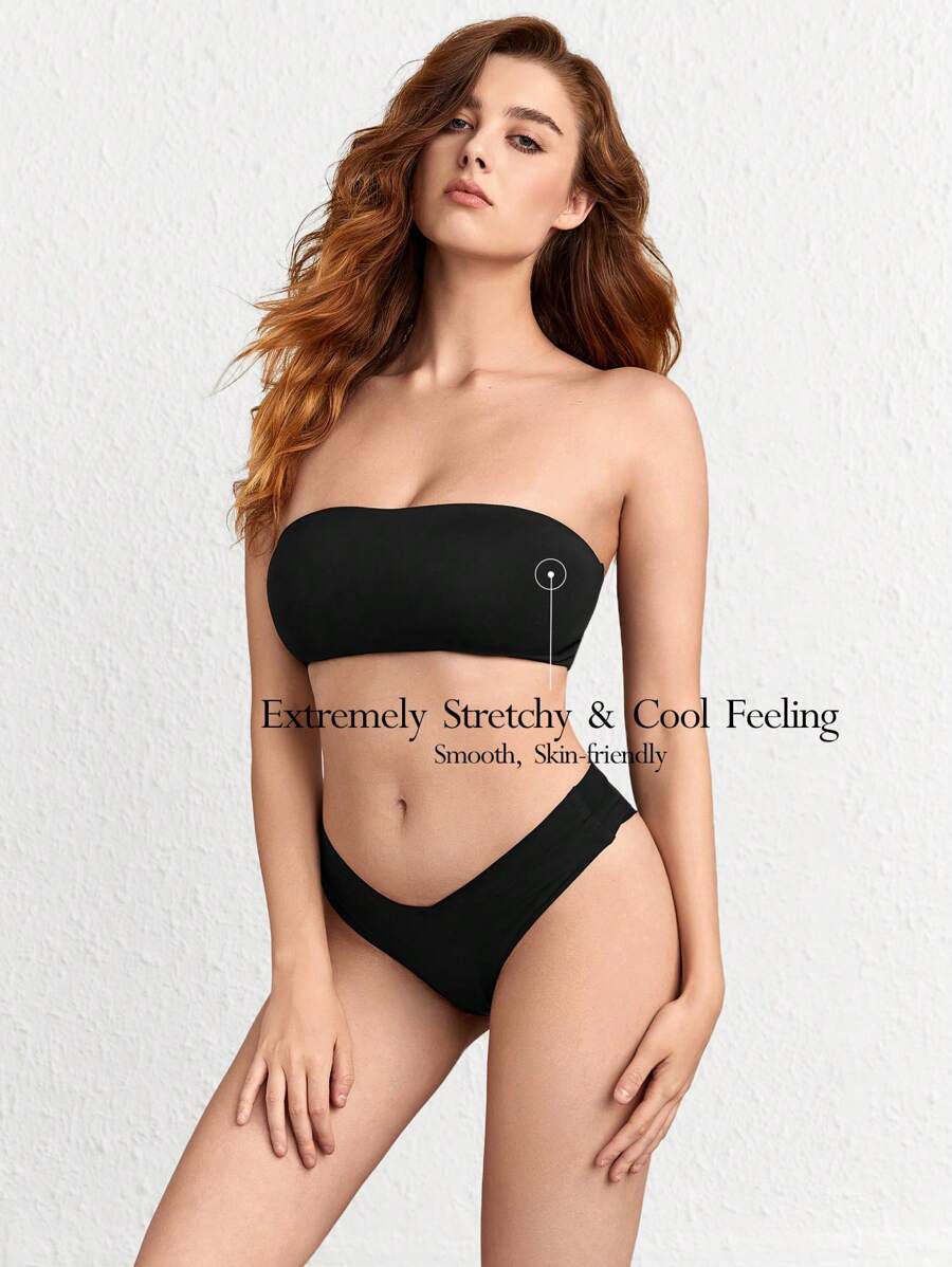 Ocili Leisure Extremely Stretchy & Smooth Non-Removable Padding Mini Tube Top Bras & Panty Sets-Black - Black - View 1