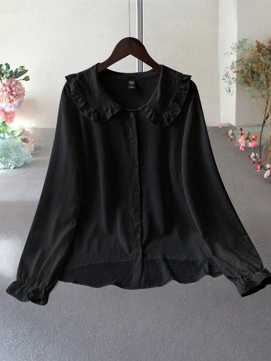 SHEIN LUNE 大码女式春秋季纯色彼得潘领宽松可爱衬衫 - 黑色 - 查看 1