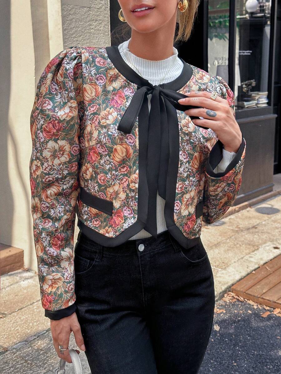 Chiquease Floral Print Color Block Lace-Up Long Sleeve Jacket