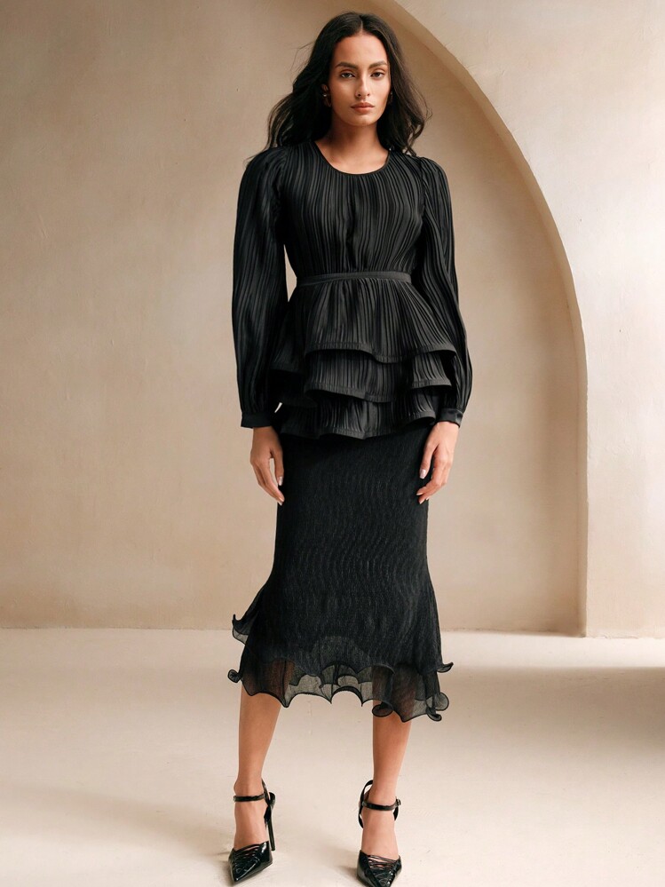 Anewsta Loose Fit Pleated Ruffle Hem Long Sleeve Blouse Peplum Top - Black - View 6