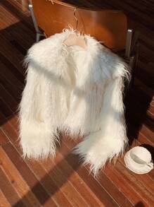 SHEIN EZwear Women's Winter Solid Color Long Sleeve Fluffy Coat - Beige - View 6