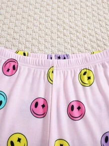 SHEIN Leap Crew 2pcs Tween Girls Smiling Face Pattern Crew Neck Raglan Long Sleeve Top And Pants Cute Casual Pajama Set - Pink - View 4