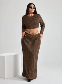 SHEIN ICON ICON Damen Große Größen Braun Rundhals Langarm Bodycon Kleid mit Schlitz im Rock 2-teiliges Set - Kaffeebraun - Übersicht 5
