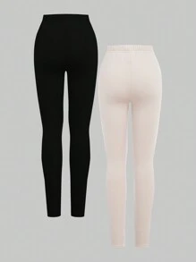 SHEIN Quần legging cạp vừa thoải mái, mềm mại, đa năng cho bé gái tuổi mới lớn, nhiều gói - Nhiều màu - Xem 2