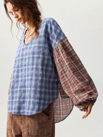 Bohemela Lässige, bunte karierte V-Ausschnitt Laternärmel Loose Bluse für Damen, Langarm Tops für den Urlaub