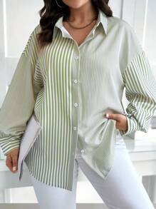 Elenzga Plus Size Casual Striped Patchwork Shirt, Autumn Fall Cloth For Women - Green - View 4