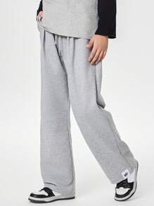 SHEIN Tween Boys' Drawstring Waist Simple Wide Leg Loose Casual Sweatpants - Grey - View 6