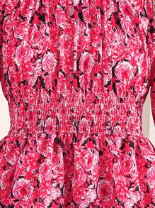 Vestido de manga larga con cuello redondo y volantes con estampado floral para niñas adolescentes - Multicolor - Ver 6
