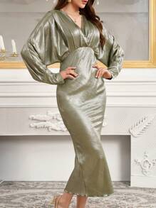 Modelyn Vestido elegante y brillante de silueta sirena de manga murciélago apretado para mujer, vestido de noche largo