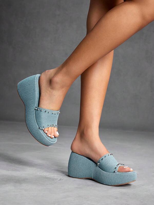 Sugerpunk Women's Shoes Women's Wedge Thick Sole Simple Fashion Style Metal Willow Stud Strap Slippers Vacation Shoes Summer