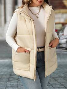 SHEIN LUNE Ropa de invierno talla grande Abrigo acolchado sin mangas con bolsillos y cremallera - Champán - Ver 5