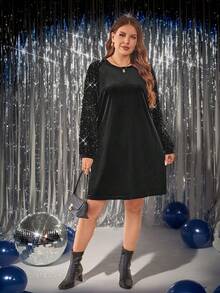 SHEIN LUNE Váy dài tay dài đến đầu gối in họa tiết hoa cỡ lớn cho nữ mặc trong trang phục ngày lễ mùa thu Váy dự tiệc ngày lễ Váy cỡ lớn - màu đen - Xem 6