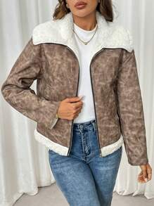 SHEIN LUNE 女士保暖夹克，适合秋冬季休闲通勤和外出，翻领撞色仿羊毛和 PU 皮革复合材料 - 卡其色 - 查看 1