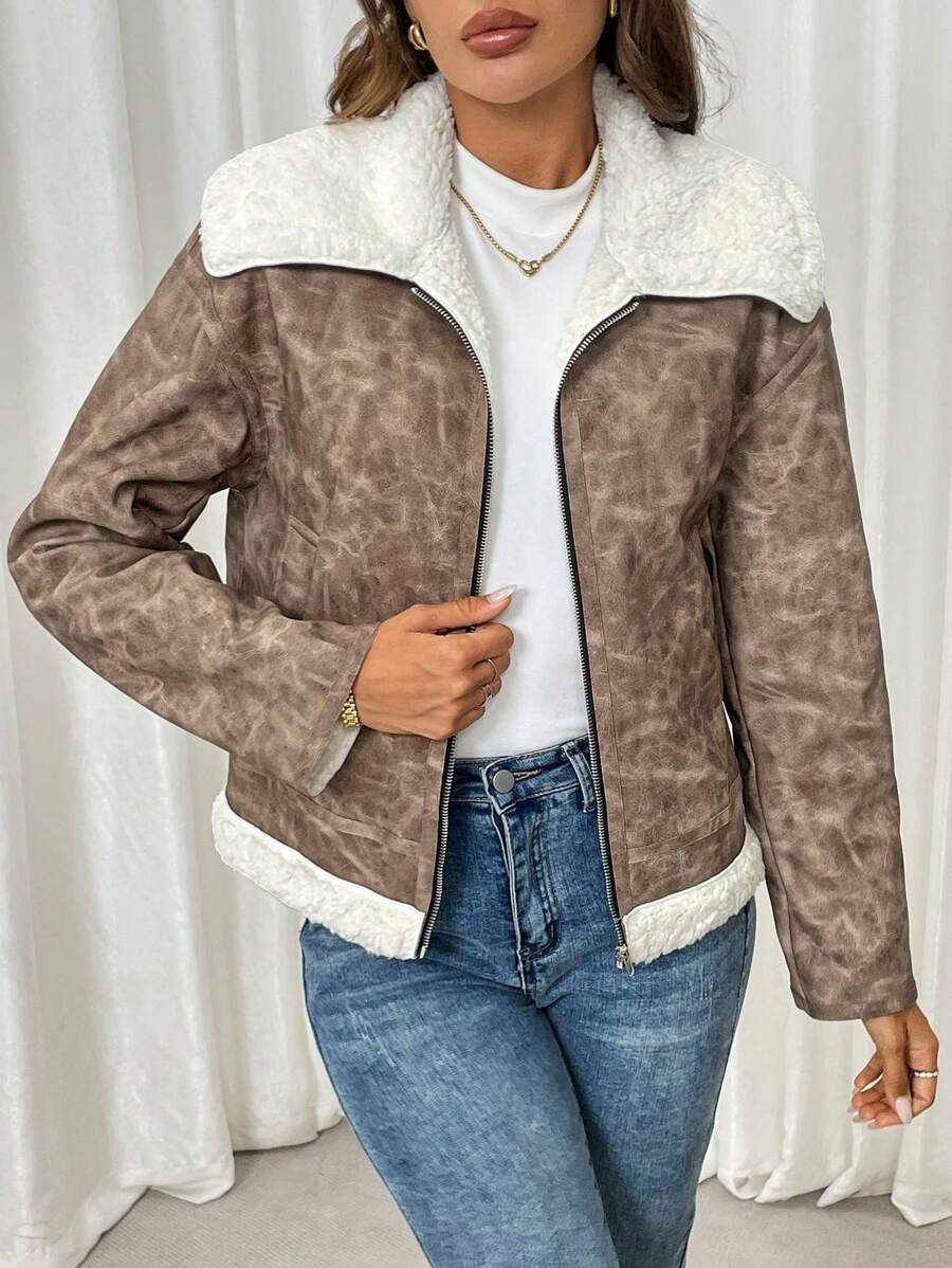 SHEIN LUNE 女士保暖夹克，适合秋冬季休闲通勤和外出，翻领撞色仿羊毛和 PU 皮革复合材料 - 卡其色 - 查看 1