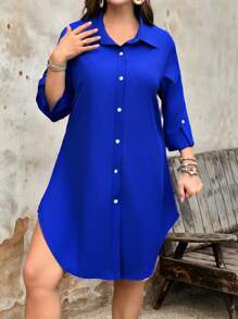 大码女式纯色卷袖休闲衬衫裙，春/秋 - 寶藍色 - 查看 2