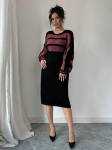 Calvaya Elegante gebreide damesjurk met ronde hals, lange mouwen, strepen, verlaagde schouders en casual stijl voor de herfst