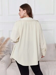 Lacomfia Áo khoác thường ngày tay dài cài nút màu trơn cỡ lớn - Màu be - Xem 2