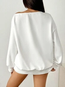 INAWLY 国旗口号印花露肩休闲长袖运动衫、长袖上衣 - 白色 - 查看 2