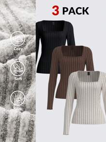 SHEIN BASICS 3pcs Casual Solid Color Square Neck Long Sleeve Fitted Ladies T-Shirts - Multicolor - View 10