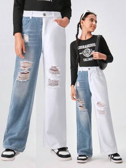 SHEIN Explorewe Tween Girls Street Fashion Casual Contrast Color Ripped Straight Leg Washed Denim Jeans
