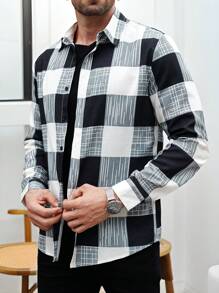 Manfinity Homme Camisa de franela a cuadros casual de manga larga para hombre - Multicolor - Ver 1