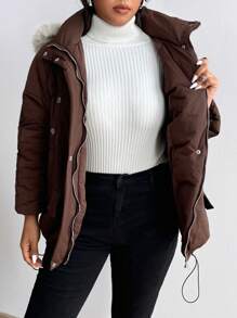 Flirla Solid Color Casual Short Plush Collar Comfortable Padded Padded Coat Clothes Winter Fall Cloth For Women - Apricot - View 7