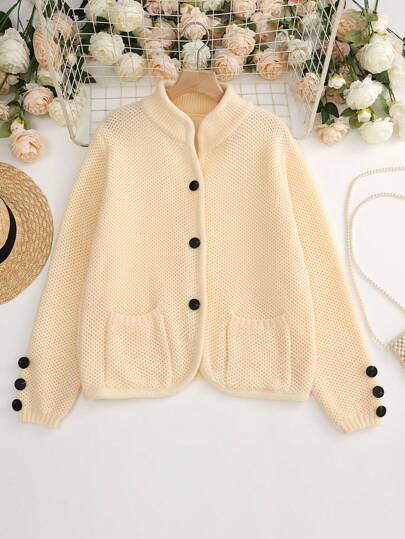 SHEIN LUNE Women Solid Color Long Sleeve Casual Cardigan With Pockets, Autumn/Winter Fall Cloth For Women
