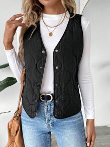 SHEIN LUNE New Winter Black Padded Vest For Women, Thick Thermal Lined, V-Neck, Sleeveless, Figure-Flattering, Versatile