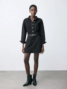 SHEIN Maija Váy denim mini thường ngày cho nữ, tay dài, màu đen - màu đen - Xem 2