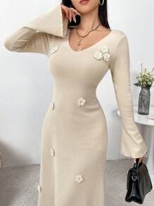 Modelyn 女式优雅纯色 3D 花卉装饰喇叭袖连衣裙，秋季