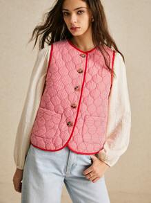 Poéselle Red Plaid Vest,Fall Women Clothes,Women Vest,Fall Jackets,Winter Coat,Winter Women Clothes,Red Border Vest, Red Jacket, Padded Lining, Good Warmth, Bohemian Style, Suitable For Daily Street, Holiday, Home Wear FW24