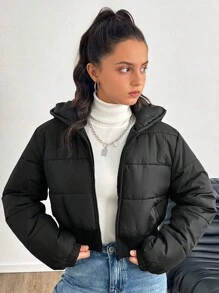 SHEIN Teen Girls' Winter Quilted Short Hooded Casual Warm Thickened Jacket Coat