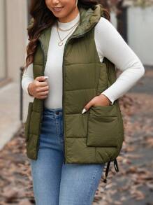 Calvaya Plus Size Solid Color Hooded Vest With Pockets, Autumn & Winter Clothes