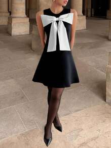 INAWLY Robe mini élégante à block color avec nœud, noire et blanche, pour l'été
