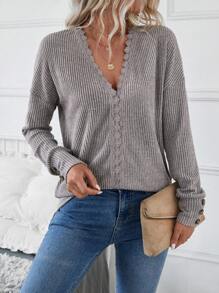 SHEIN LUNE Women's Fashion V-Neck Long Sleeve Lace Ribbed Knit Pullover Sweatshirt