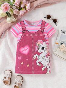 SHEIN 女宝宝条纹卡通独角兽印花圆领短袖休闲二合一连衣裙