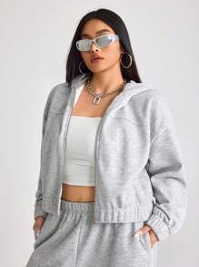 SHEIN ICON Plus Size Casual Thermal Lined Hooded Jacket, Fall/Winter - Light Grey - View 4