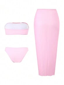 Swim Oasis Bộ đồ mùa hè 3 món cho nữ: Áo Bandeau in họa tiết, Quần tam giác tiêu chuẩn và Chân váy dài, Đồ mặc đi nghỉ - Hồng - Xem 4