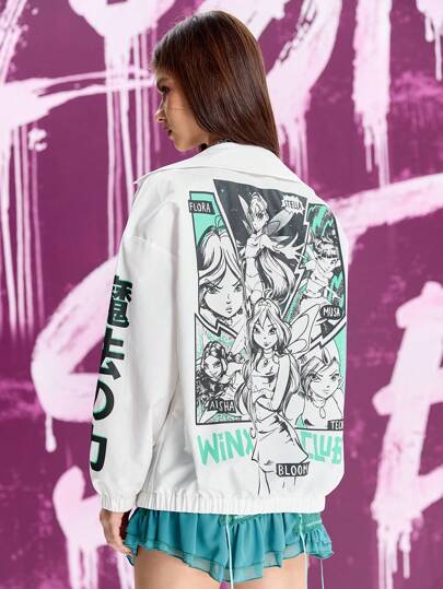 Winx Club X ROMWE Women Casual Cartoon Character And Japanese Print Oversized Zipper Jacket, Spring And Autumn