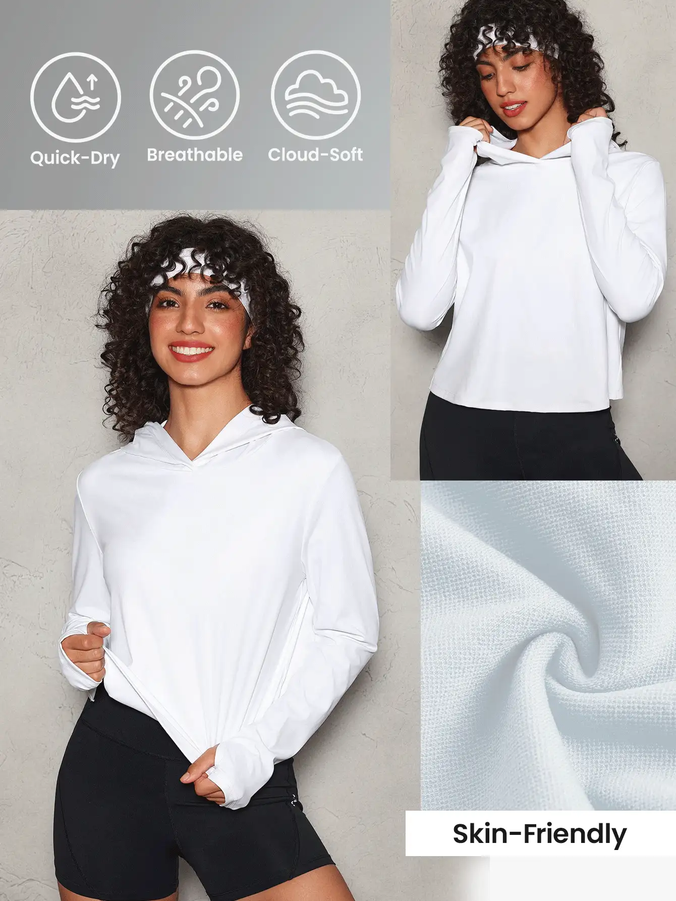 Lifespree Áo nỉ thể thao trùm đầu dài tay màu trơn cho nữ thiết kế quấn sau lưng - trắng - Xem 2