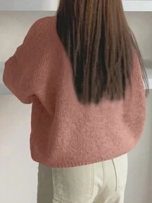 DAZY 女士纯色圆领落肩长袖休闲宽松毛衣，秋冬，秋季女装 - 玫瑰紅 - 查看 2